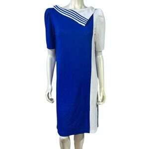 Vintage 80s JM II New York Nautical Midi Dress Asymmetric Stripe Detail Size 14